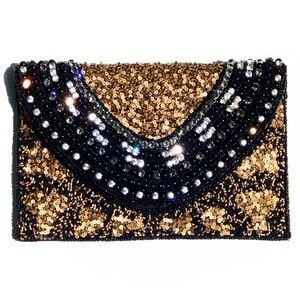 Gala T&J | Black Gold Detachable Strap 18k GP Sequin Hand Beaded Envelope Clutch